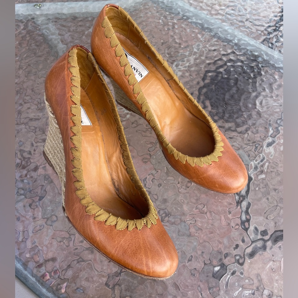Lanvin Brown Grosgrain Stitched Leather Wedge Pump Size 38 - Picture 2 of 15